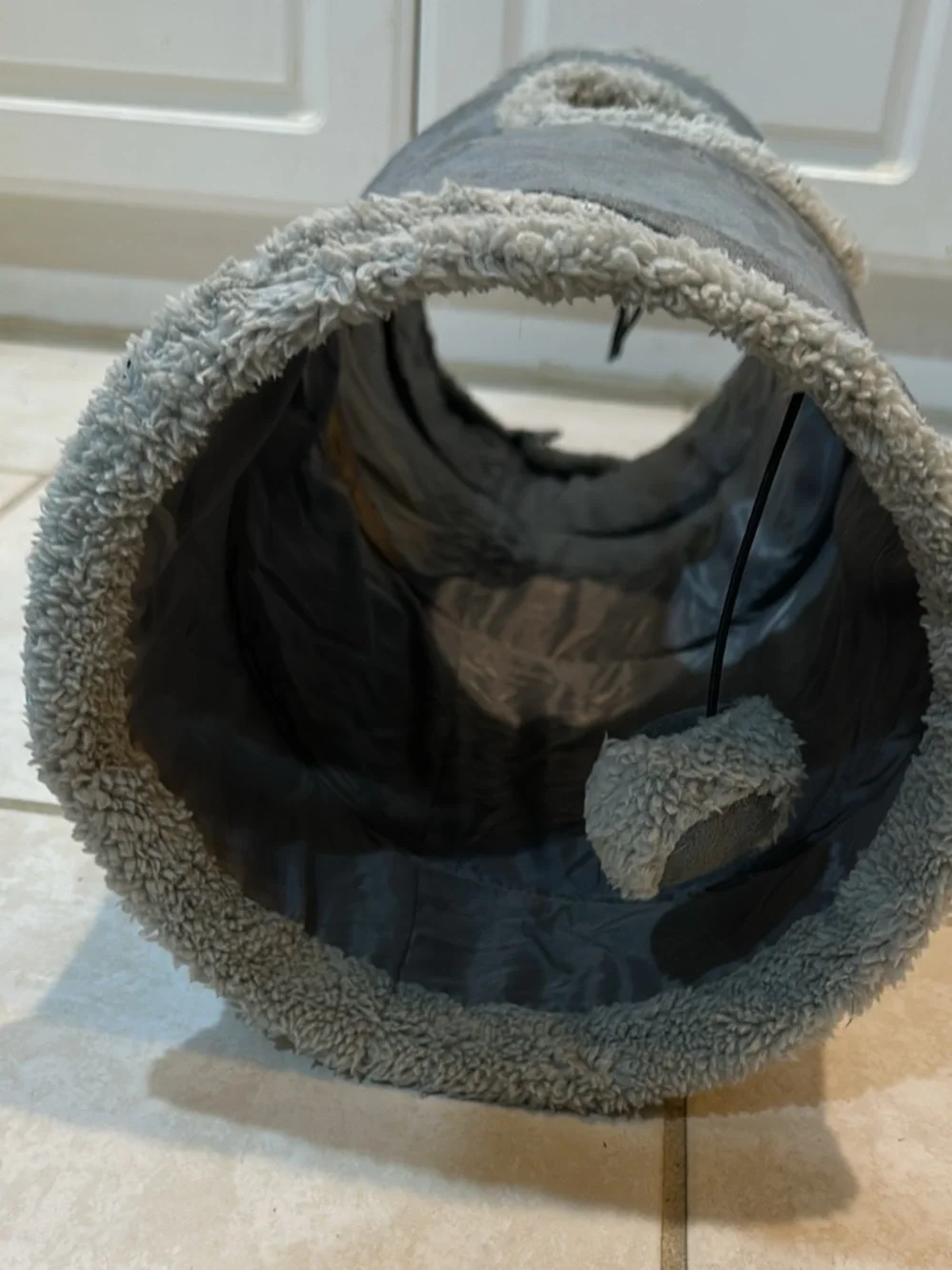 Collapsible Soft Suede Cat Tunnel Toy with Peek-a-Boo Hole & Hanging Ball (Gray,